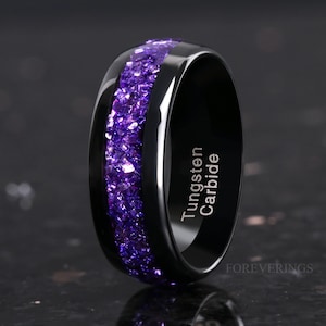 8mm Alexandrite Wedding Band, Color Changing Ring, Black Tungsten Ring, Dome, Polish, Comfort Fit, Birthday Anniversary Gift for Him