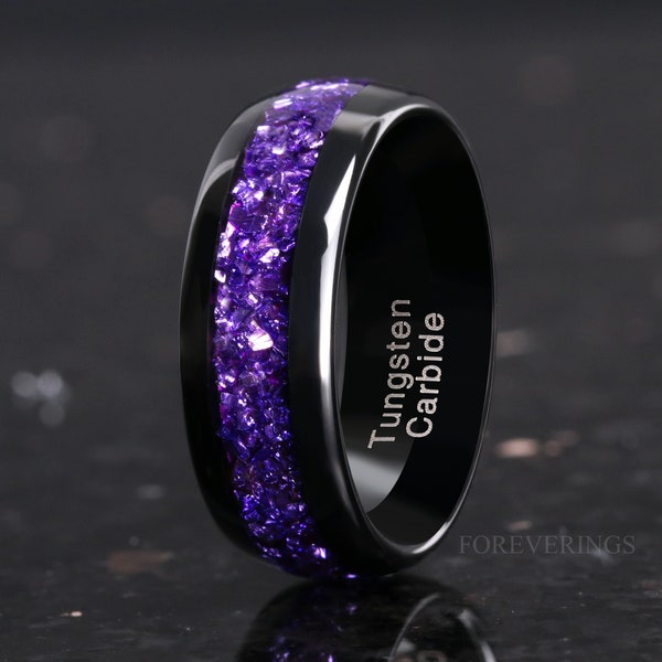 Alliance en alexandrite de 8 mm, bague aux couleurs changeantes, bague en tungstène noir, dôme, vernis, coupe confortable, cadeau d'anniversaire pour lui