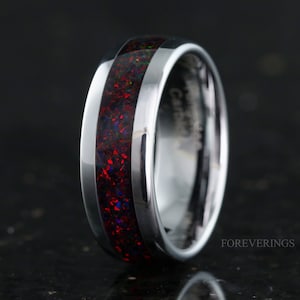 Black Fire Opal Ring, 8mm Silver Tungsten Ring, Men Wedding Band, Crushed Black Opal, Polished, Dome, Smooth Ring, Comfort Fit, Unique Ring