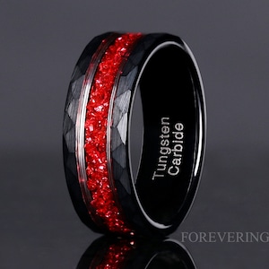 Ruby Red and Black Hammered Mens Ring, 8mm Tungsten Wedding Band, Crushed Red German Glass Stones, Matte Brush, Hammered Band, Ring Engrave