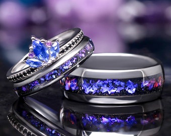 Blue Lotus Orion Nebula Wedding Ring Set: His and Hers Engagement Rings with Sapphire, Amethyst, Tungsten & Sterling Silver for Space Lovers