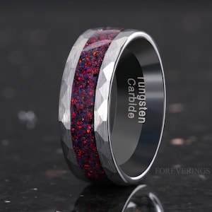Alliance en tungstène pour homme, opale de feu noire broyée, bague en tungstène argenté de 8 mm, sans placage, martelée, plate, brossée, coupe confortable, cadeau pour lui