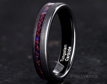 Crushed Black Fire Opal Wedding Band, 4mm Tungsten Ring, Matte Black Comfort Fit