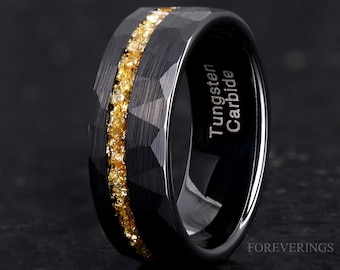 Citrine Men Wedding Band, Black Hammered Tungsten Ring, 8mm Crushed Citrine Ring for Men, Flat, Men Engagement Ring, Promise Ring for Him