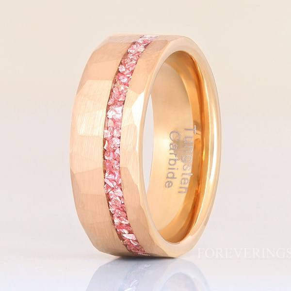 Rose Gold MORGANITE Ring Mens Hammered Tungsten Band, Offset Crushed Morganite Glass Stones, 8mm Man Wedding Band, Matte Brush, Ring Engrave