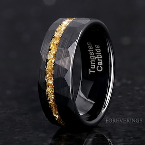 8mm Men Tungsten Wedding Band, Crushed Citrine Glass Stones, Black Tungsten Ring, Citrine Ring, Hammered, Flat, Comfort Fit