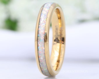 Crushed White Fire Opal Band, 4mm Tungsten Wedding Band, Yellow Gold Plated Ring, Polished, Dome, Comfort Fit, Unique Ring, Men Women Ring