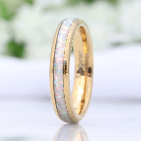 Crushed White Fire Opal Band, 4mm Tungsten Wedding Band, Yellow Gold Plated Ring, Polished, Dome, Comfort Fit, Unique Ring, Men Women Ring