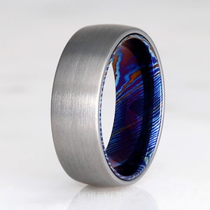 Timascus Simple and Unique Man Wedding Band, Silver Tungsten, 8mm Man Blue Ring, Promise Ring for Him, Matte Brushed, Dome, Ring Engraving