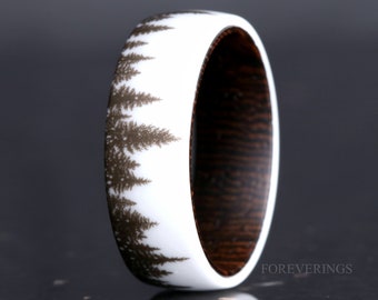 Wenge Wood and White Ceramic Ring, 8mm-6mm Mens Wedding Band, Nature Landscape of Forest Trees Ring, Comfort Fit, Dome, Polish