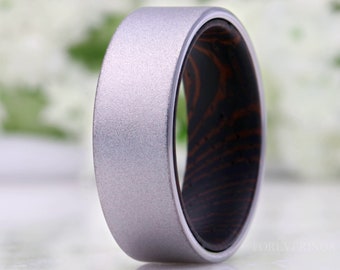 Wenge Wood and Tungsten Ring, Sandblasted, 8mm Silver Band, Dark Wood Ring, Comfort Fit, Flat, Gift for Him