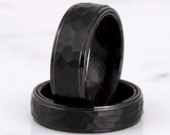8mm Wenge Wood Ring, Hammered Tungsten Wedding Band, Dark Wood Ring, Black, Matte Brushed, Flat, Hammer, Comfort Fit