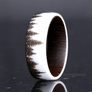 Wenge Wood and White Ceramic Ring, 8mm-6mm Mens Wedding Band, Nature Landscape of Forest Trees Ring, Comfort Fit, Dome, Polish