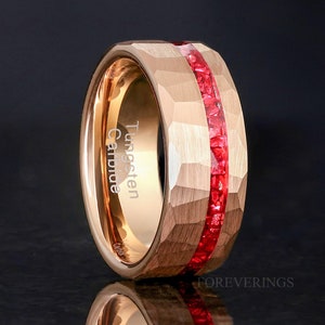 Rose Gold Ruby Ring Hammered Tungsten Band, Offset Crushed Red German Glass Stones, 8mm Mens Wedding Band, Matte Brushed, Ring Engraving