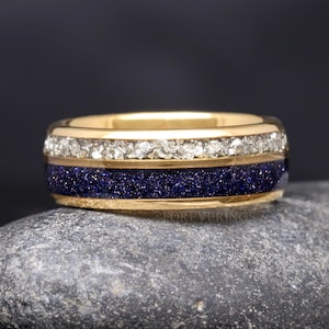 Rift Nebula Ring Men, Gold Wedding Band, Starry Night Ring, Space Ring, Dome, Polish, Man Diamond Ring, Blue Sandstone, Personalized Gift