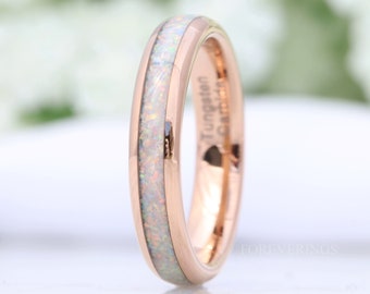 Crushed White Fire Opal Band, Rose Gold Wedding Band, Rose Gold Tungsten Ring, Polished, Dome, Comfort Fit, Unique Ring, Men Women Ring