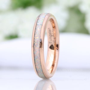 Crushed White Fire Opal Band, Rose Gold Wedding Band, Rose Gold Tungsten Ring, Polished, Dome, Comfort Fit, Unique Ring, Men Women Ring