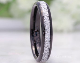 Tungsten Wedding Band, White Meteorite, 4mm Black Tungsten Ring, Women Men Band, Comfort Fit, Polished, Domed, Birthday Anniversary Gift