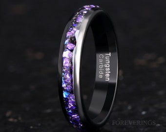 Crab Nebula Ring, 4mm Tungsten Wedding Band, Alexandrite Outer Space Ring, Women Men Ring, Black Ring, Dome, Polish, Comfort Fit
