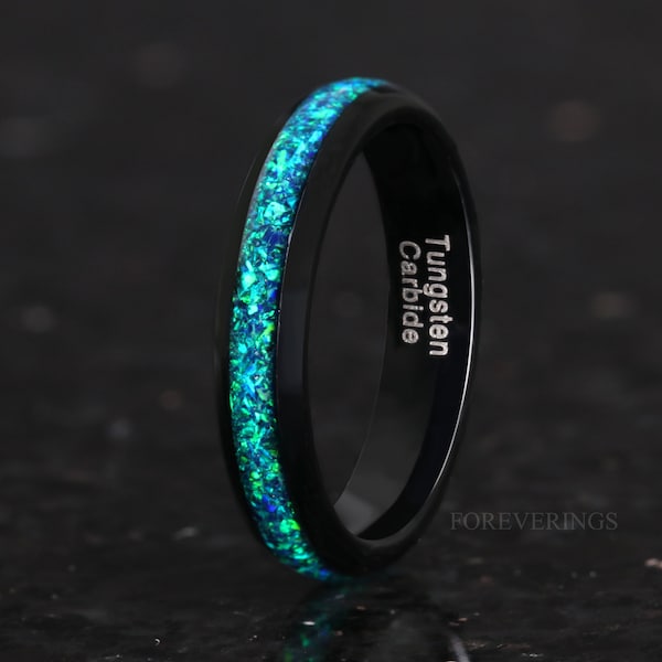 Emerald Coast Ring, 4mm Tungsten Wedding Band, Women Men Ring, Black Ring, Black Emerald Opal Ring, Dome, Polish, Comfort Fit