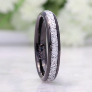 Tungsten Wedding Band, White Meteorite, 4mm Black Tungsten Ring, Women Men Band, Comfort Fit, Polished, Domed, Birthday Anniversary Gift