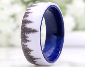 8mm-6mm White Ceramic Ring with Blue Elder Wood, Mens Wedding Band, Nature Landscape of Forest Trees Ring, Comfort Fit, Dome