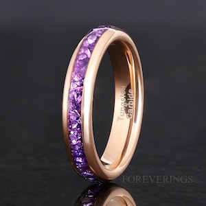 Amethyst Wedding Band Rose Gold, Purple Tungsten Ring, Women or Men’s Ring, 4mm Promise Ring, Unique Purple Band, Anniversary Gift