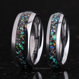 Mens Meteorite Galaxy Opal Ring, Silver Tungsten Ring, 8mm 6mm Mens Wedding Band, Unique Meteorite Ring, Ring Engraving