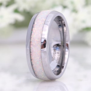 8mm White Fire Opal Ring, Silver Tungsten Ring, Men Wedding Band, Crushed White Opal, Polished, Dome, Comfort Fit, Unique Ring