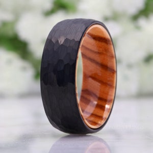 Olive Wood and Tungsten Ring, 8mm Mens Wedding Band, Hammered, Brushed Matte, Dome, Comfort Fit