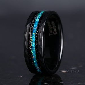 Opal and Meteorite Wedding Band, 8mm Black Tungsten Ring, Hammered, Flat, Matte Brushed, Comfort Fit, Birthday Anniversary Gift for Him
