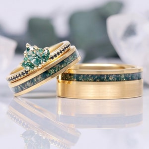 His & Her Moss Agate Lotus Crown Ring Set, Gold Engagement Ring for Couples, Matching Nature-Inspired Ring, Enchanted Fairy Fantasy Wedding