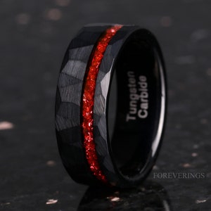 8mm Men Tungsten Wedding Band, Crushed Red German Glass Stones, Black Tungsten Ring, Hammered, Flat, Matte Brushed, Comfort Fit