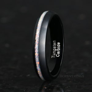 Crushed White Fire Opal Band, Black Tungsten Wedding Band, 4mm Band, Matte-Brush, Dome, Comfort Fit, Unique Ring, Anniversary Birthday Gift