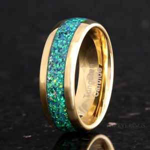 Emerald Coast Ring, 8mm Tungsten Wedding Band, Opal Ring, Gold Plated Ring, Black Emerald Opal, Polish, Dome, Comfort Fit, Gift for Him