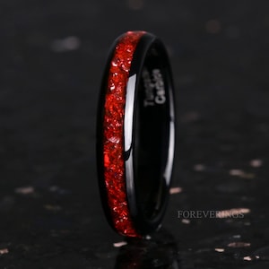 4mm Tungsten Wedding Band, Crushed Red German Glass Stones, Black Ring, Women Men Ring, Dome, Polish, Comfort Fit