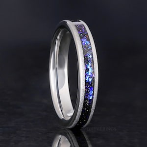 Orionnebel Ring, Wolfram Ring Silber, 4mm Ring mit Gravur, Blauer Nebel Ring, Silber Wolfram Ring