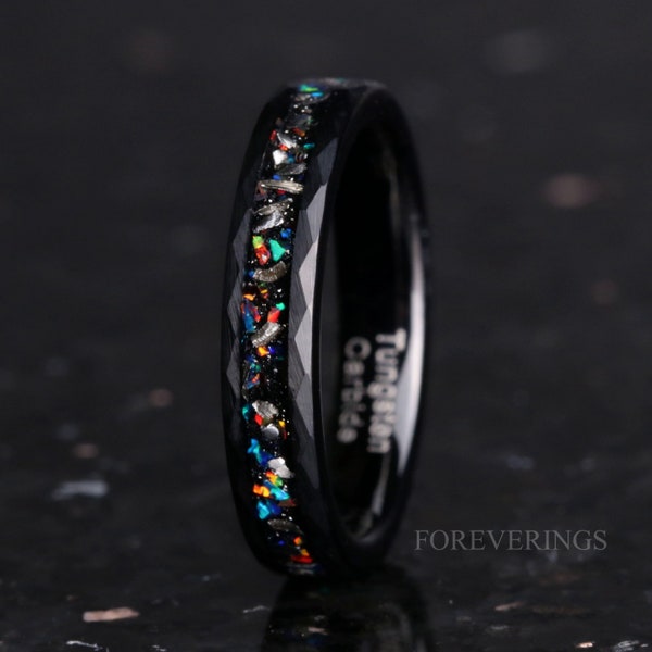 Meteorite and Galaxy Opal Wedding Band, 4mm Black Tungsten Ring, Hammered, Flat, Matte Brushed, Comfort Fit, Unique Ring, Women Men Ring