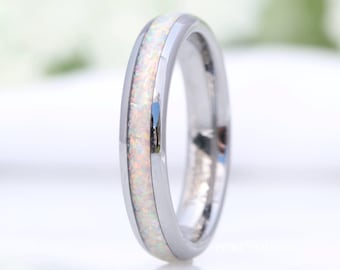 Crushed White Fire Opal Band, Silver Tungsten Wedding Band, No Plating, 4mm Ring, Polished, Dome, Comfort Fit, Unique Ring, Men Women Ring