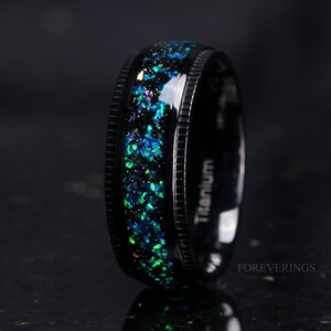 Mens Black Galaxy Opal Ring, Milgrain, Men Titanium Wedding Band, Black, Domed, Polished, Comfort Fit, Birthday Anniversary Gift for Him