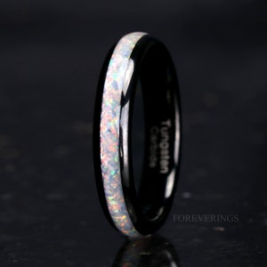 Crushed White Fire Opal Band, Black Tungsten Wedding Band, 4mm Band, Polished, Dome, Comfort Fit, Unique Ring, Anniversary Birthday Gift