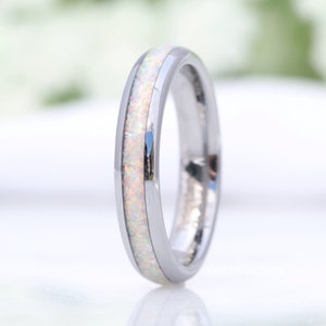 Crushed White Fire Opal Band, Silver Tungsten Wedding Band, No Plating, 4mm Ring, Polished, Dome, Comfort Fit, Unique Ring, Men Women Ring