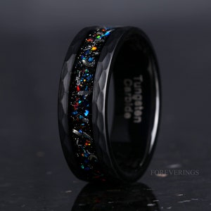 Meteorite Galaxy Opal Wedding Band, Black Tungsten Ring, 8mm-6mm-4mm, Hammered, Flat, Matte Brushed, Authentic Meteorite Ring, Unique Ring