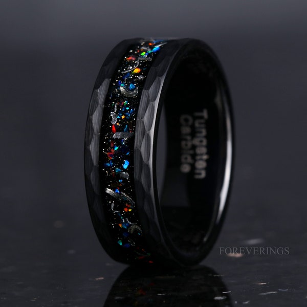 Meteorite and Galaxy Opal Wedding Band, 8mm-6mm-4mm Black Tungsten Ring, Hammered, Flat, Matte Brushed, Comfort Fit, Unique Ring