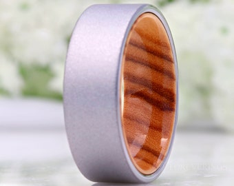 Olive Wood and Tungsten Ring, Sandblasted, 8mm Silver Band, Comfort Fit, Flat, Birthday Anniversary Gift for Him