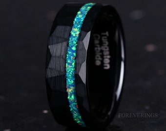 8mm Men Tungsten Wedding Band, Crushed Green Opal, Black Tungsten Ring, Hammered, Flat, Matte Brushed, Comfort Fit, Gift for Him