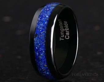 Celestial Blue Lapis Lazuli Ring, 8mm Black Tungsten Ring, Men Wedding Band, Polished, Dome, Comfort Fit, Unique Ring, Gift for Him