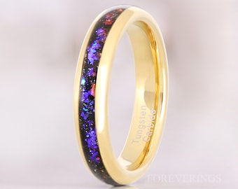 Orion Nebula Ring Gold, 4mm Tungsten Wedding Band, Outer Space Ring, Women Men Ring, Dome Yellow Gold Band, Blue Nebula Ring, Ring Engraving