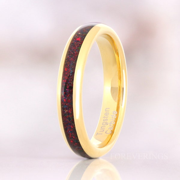 Crushed Black Fire Opal Ring Gold Tungsten Band, 4mm Women Men Wedding Ring, Black Opal Ring, Dome, Polish, Comfort Fit, Ring Engrave