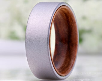 Zebra Wood and Tungsten Ring, Sandblasted, 8mm Silver Band, Comfort Fit, Flat, Metal and Wood, Birthday Anniversary Gift for Him